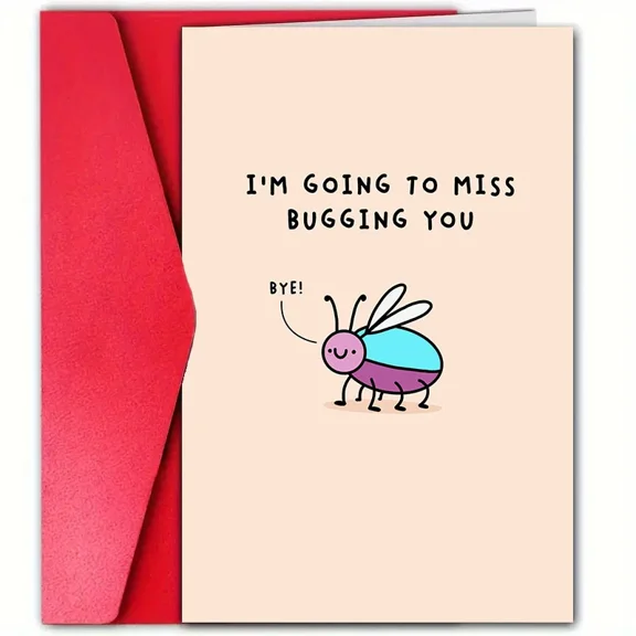 Funny Farewell Card "I'm Going to Miss Bugging You" Cute Insect Graphic Blank Inside with Red Envelope Perfect for Friends, Colleagues, and Farewells