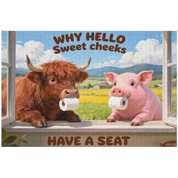 Funny Farm Animal 1000 Pieces Puzzle for Adults – Pig and Highland Cow Toilet Paper Theme Jigsaw, Whimsical Country Puzzle, Relaxing 1000 PCS Farm Art Puzzle for Home Display 30x20 in