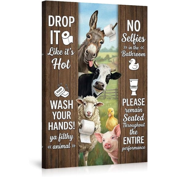 Funny Farm Animal Bathroom Wall Art Poster Drop It Like Its Hot Wash Hands No Selfies Decorative Prints for Farmhouse Toilet Restroom Decor Gift Idea--