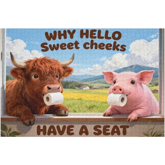 Funny Farm Animal Puzzle for Adults 1000 Pieces, Cute Pig Highland Cow Puzzle with Toilet Paper Theme Art Puzzle, Nature Country Farm Scenery Jigsaw Puzzle 30x20 in