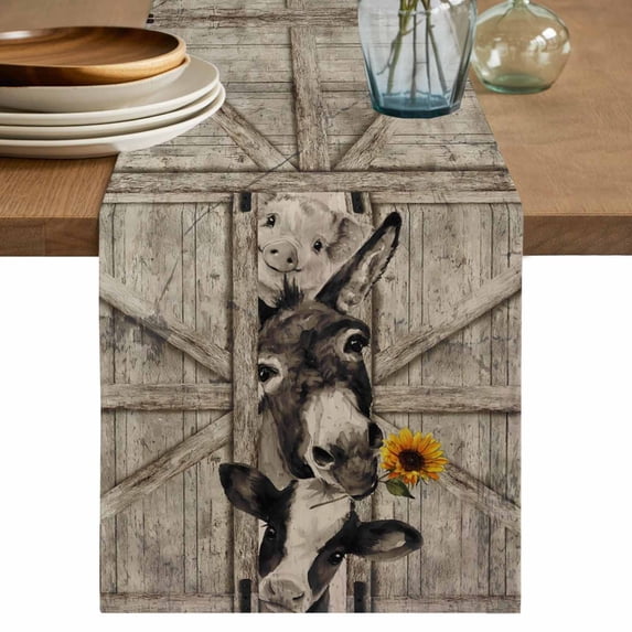 Funny Farm Animals Cotton Linen Table Runner for Dining Kitchen, Vintage Barn Brown Sunflowers Wedding Outdoor Party Tablerunners Decoration, Dresser Scarf Coffee Tablecloth Runners 13x90 Inches