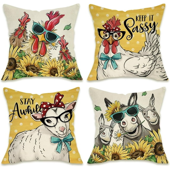 Funny Farm Animals Decorative Throw Pillow Covers 18x18 Set of 4, Spring Summer Rooster Sheep Donkey Sunflower Outdoor Pillowcase, Keep It Sassy Stay Awhile Fall Cushion Case Home Decor