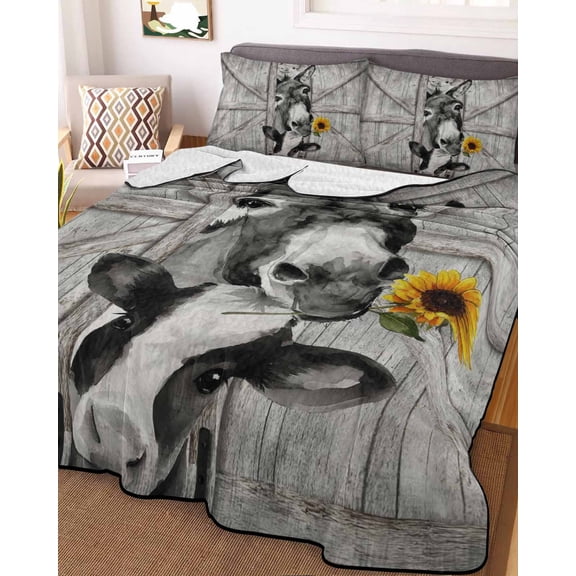 Funny Farm Animals Queen Size Down Alternative Comforter, Lightweight Comforter Quilt Bedding Set with Pillow Shams Vintage Barn Grey Sunflowers All Seasons Bed Comforter Duvet Insert 90"x96"