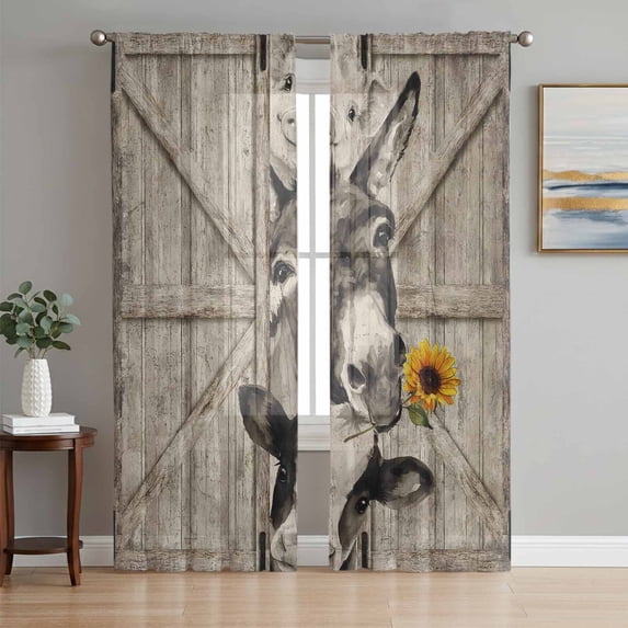 Funny Farm Animals Sheer Curtains 72 Inch Length 2 Panels Set Window Treatments, Vintage Barn Brown Sunflowers Rod Pocket Semi Curtains for Living Room/Bedroom/Kitchen Décor, 104"W x 72"L
