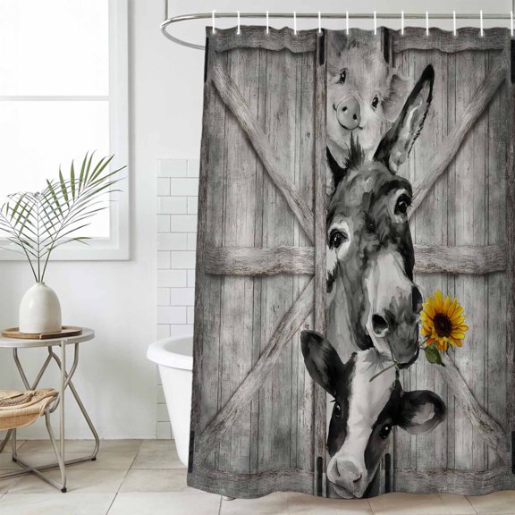 Funny Farm Animals Shower Curtain Set, Waterproof Shower Curtains for Bathroom, Vintage Barn Grey Sunflowers Washable Fabric Cloth Bath Curtain for Bathtub Decoration with Hooks 72x78 Inches