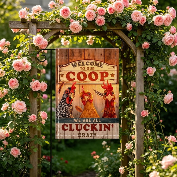 Funny Farm Chicken Rustic Double Sided 2D Garden Flag, 12x18 Inch, Front Porch Holiday Housewarming Party Gift, No Flagpole