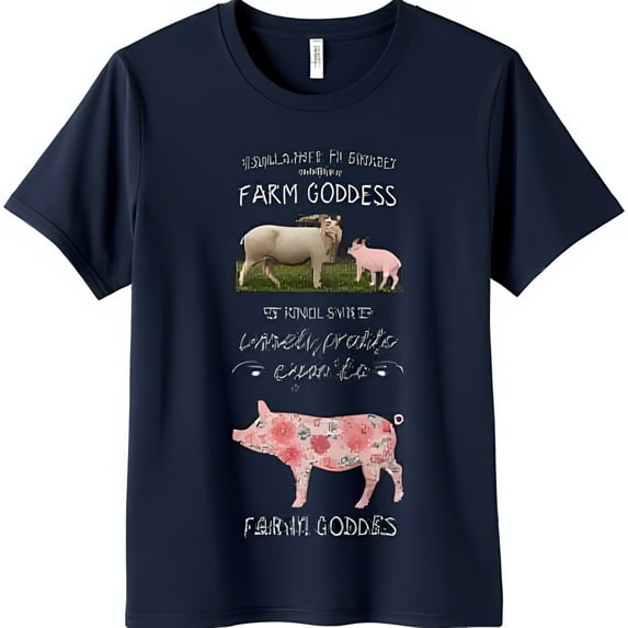 Funny Farm Goddess T-Shirt with Humorous Pig Graphics Blue Tee