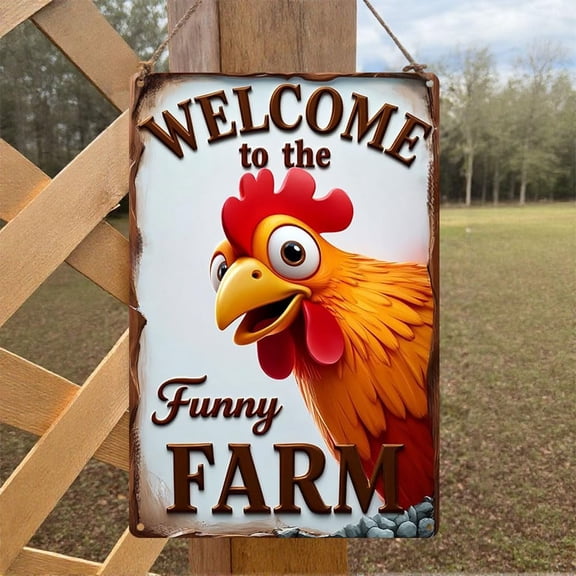 Funny Farm Metal Sign - 8x12" Vintage Rooster Wall Decor with Welcome Text, Rustic Tin Art (LCS 9706)
