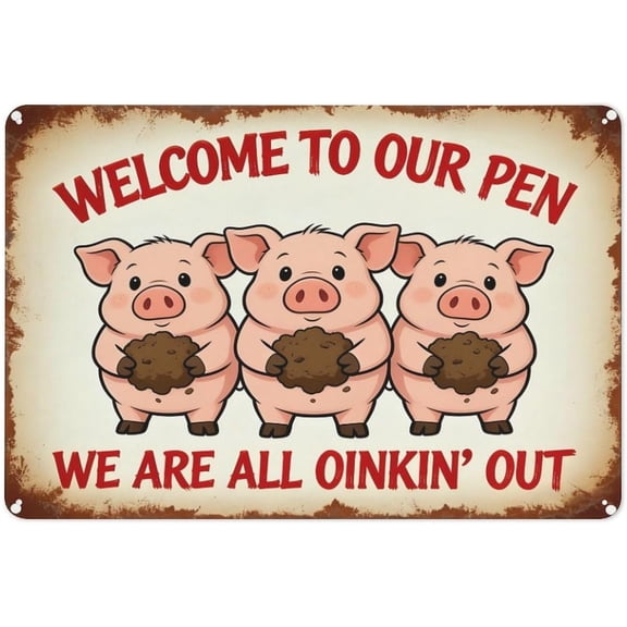 Funny Farm Pig Metal Tin Sign Rustic Farmhouse Wall Decor Humorous Welcome Wall Art Plaque 8x12 Inch