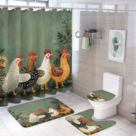 Funny Farmer Farm Animal Chicken Shower Curtain 4 Piece Sets Rug Toilet Lid Cover And Non-Slip U Shape Mat Chicken Lovers Mom Gifts Durable And Waterproof for Bathroom Decor