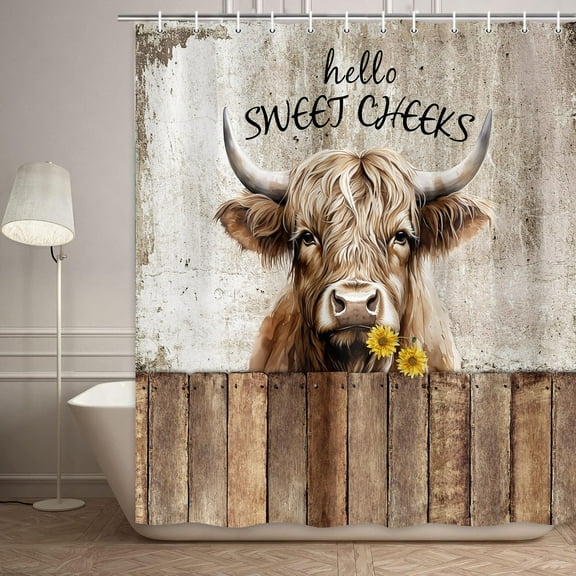 Funny Farmhouse Highland Cattle Shower Curtain for Bathroom, Rustic Western Longhorn Cow Print Daisy Cheeks Animal Country Fabric Shower Curtains Set Decor with 12 Hooks