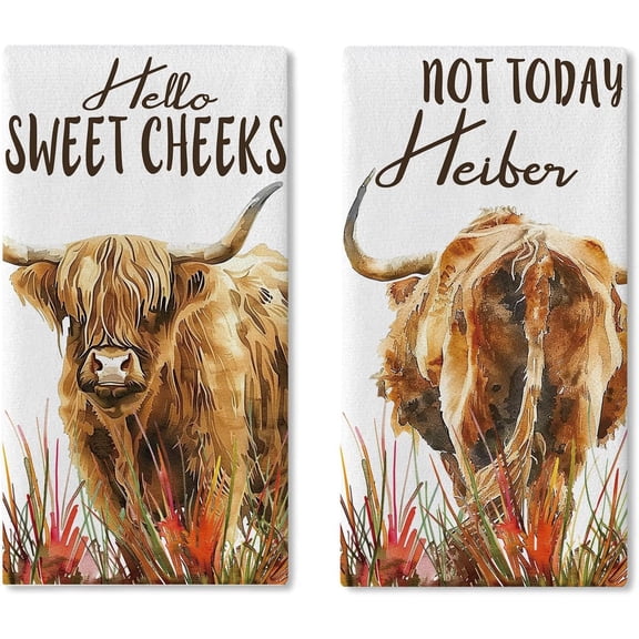 Funny Farmhouse Highland Cow Kitchen Dish Towels Set of 2, Farm Animal Hello Sweet Cheeks Bathroom Drying Hand Towel Baking Cooking Cloth, Not Today Heifer Toilet Washroom Home Decor 18''x26''