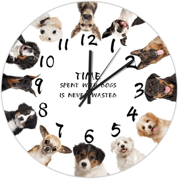 Funny Farmhouse Round Wooden Clock 12 Inch,Time Spent with Dogs is Never Wasted Silent Non-Ticking Battery Operated Wooden Wall Clock for School Classroom Nursery Cafe Bar Pub Home Decor