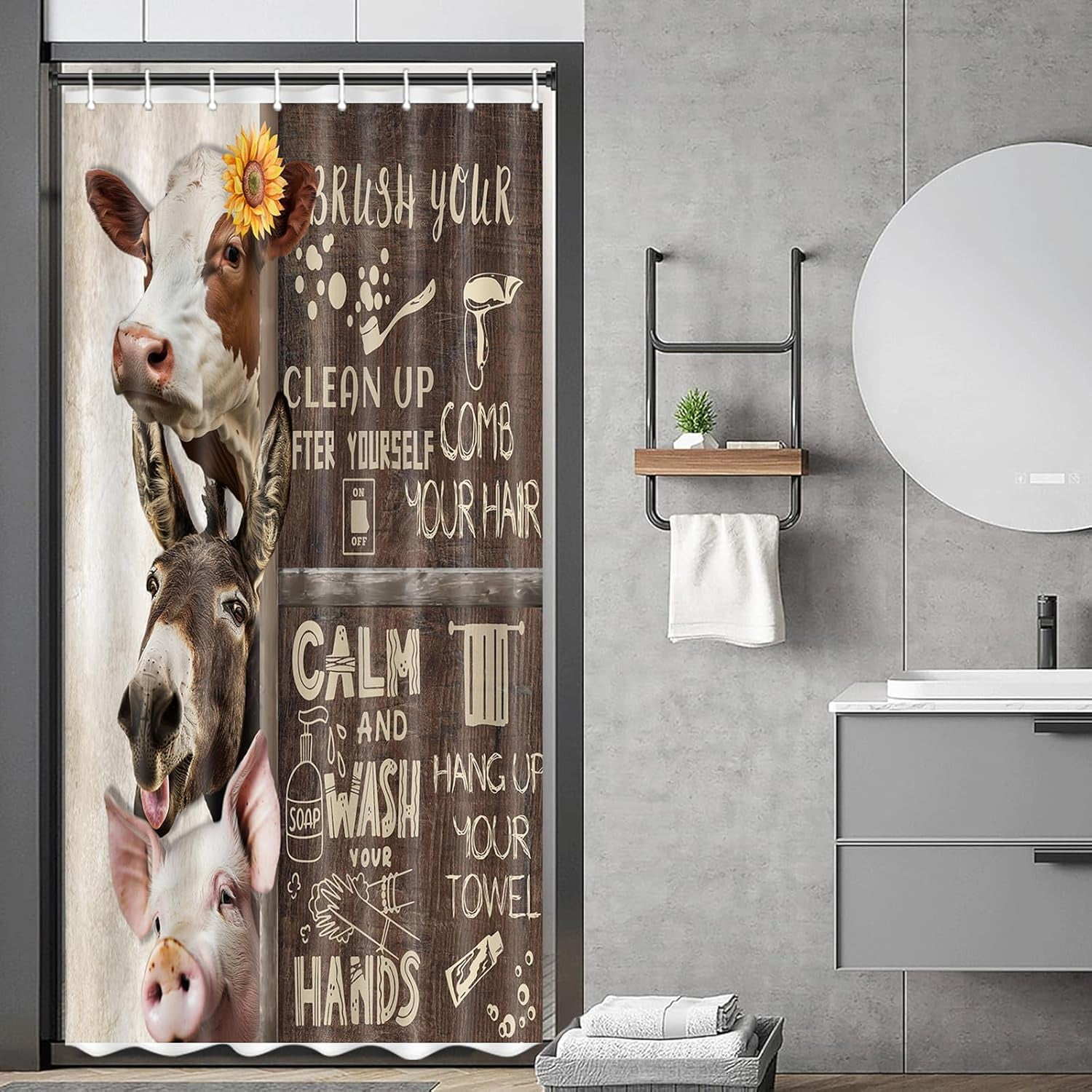 Funny Farmhouse Shower Curtain, Rustic Bathroom Rules Shower Curtain Set for Bathroom, Adults Animal Fabric Shower Curtain Restroom Bathtub Decor Accessories with Hooks 36X 72 inch