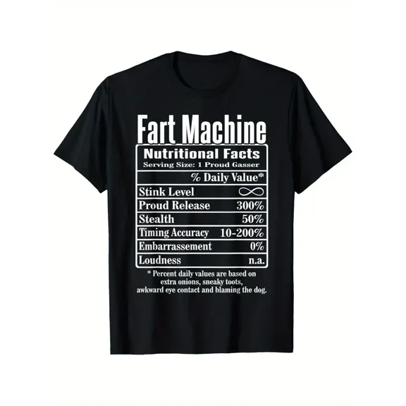 Funny Fart Machine Dad Jokes T-Shirt - 100% Cotton, Casual Round Neck Short Sleeve, Black Graphic Tee with Humorous "Nutritional Facts" Design, S-XXXL, Perfect for Summer and