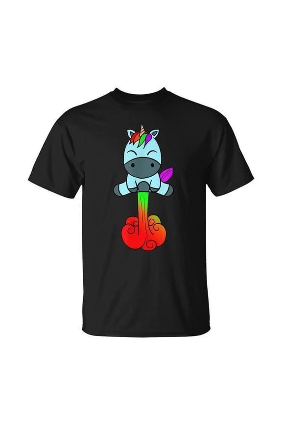 Funny Farting Rainbow Unicorn Graphic Tee Retro Humor Cotton T-Shirt for Men and Women Black