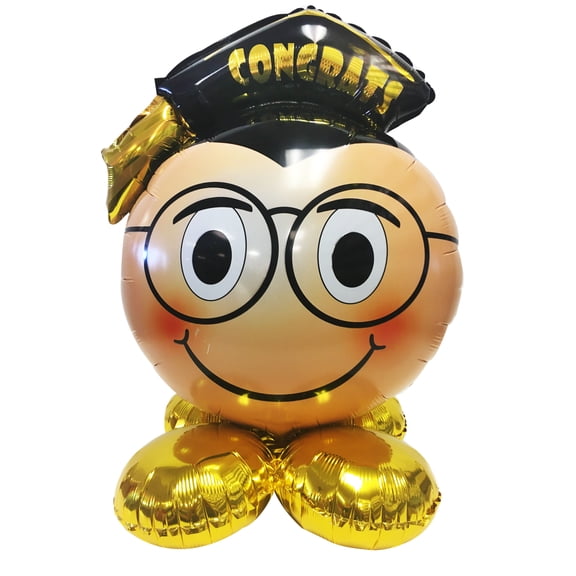 Funny Fashion Graduation Smile Head w Glasses Foil 4pc Balloon Pack, Black Gold