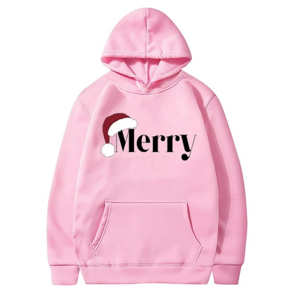 Funny Fashion Hoodies for Women Letter Print Merry Christmas Sweatshirts Hooded Long Sleeve Crewneck Pullovers (3X-Large, Pink)