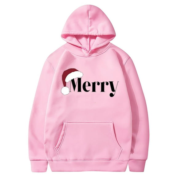 Funny Fashion Hoodies for Women Letter Print Merry Christmas Sweatshirts Hooded Long Sleeve Crewneck Pullovers (Small, Pink)