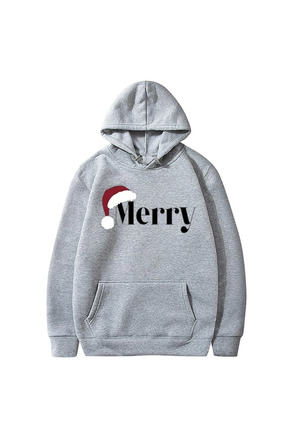 Funny Fashion Hoodies for Women Letter Print Merry Christmas Sweatshirts Hooded Long Sleeve Crewneck Pullovers (X-Large, Gray)