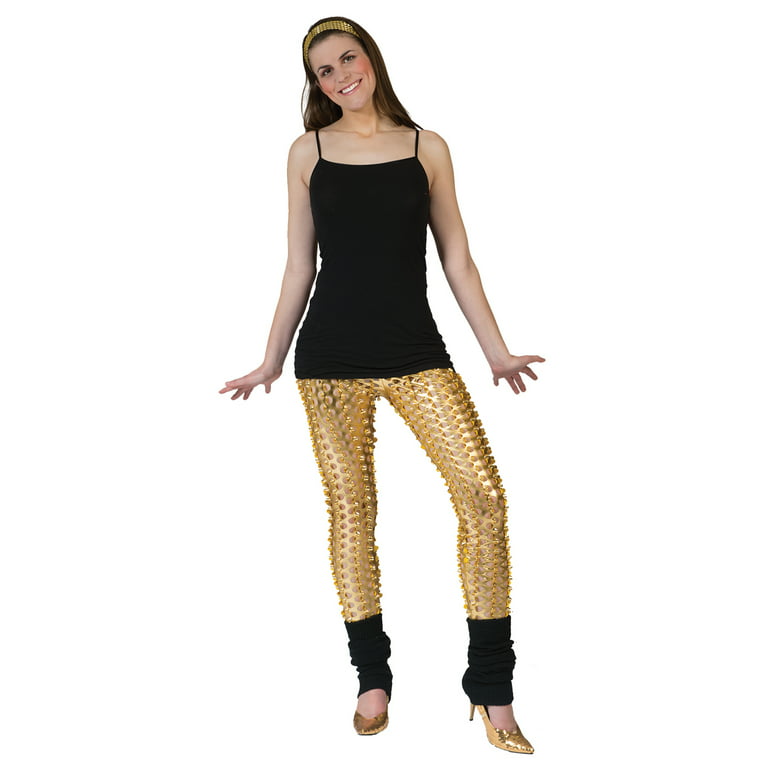 Funny Fashion Metallic Shiny Solid 80's Costume Leggings w Holes, Gold,  One-Size
