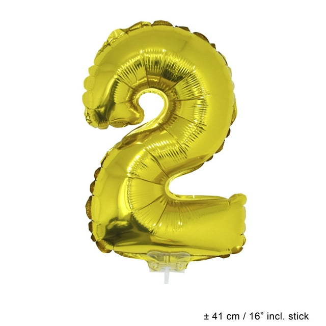 Funny Fashion Number 2 Solid Shape Mylar Metallic Gold 16" Graduation Number Foil Air-Fill Balloon w Stick