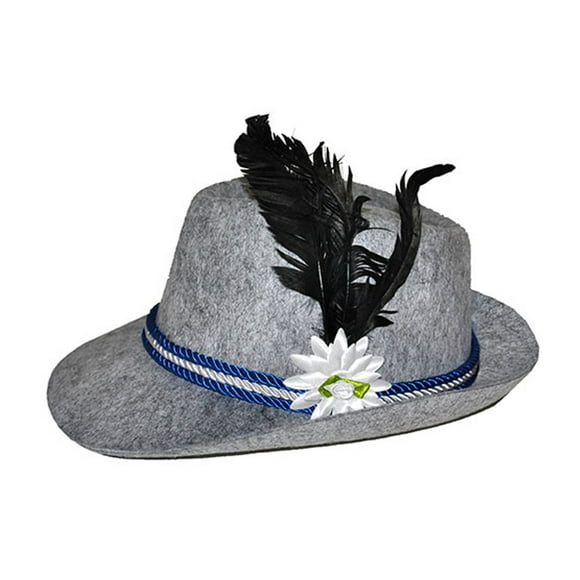 Oktoberfest Tirol Hat with Feather Halloween Felt Adult Brim Hat, Grey, One-Size