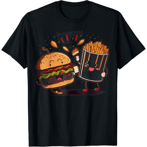Funny Fast Food Graphic T-Shirt Burger and French Fries Print Casual Crewneck Tee