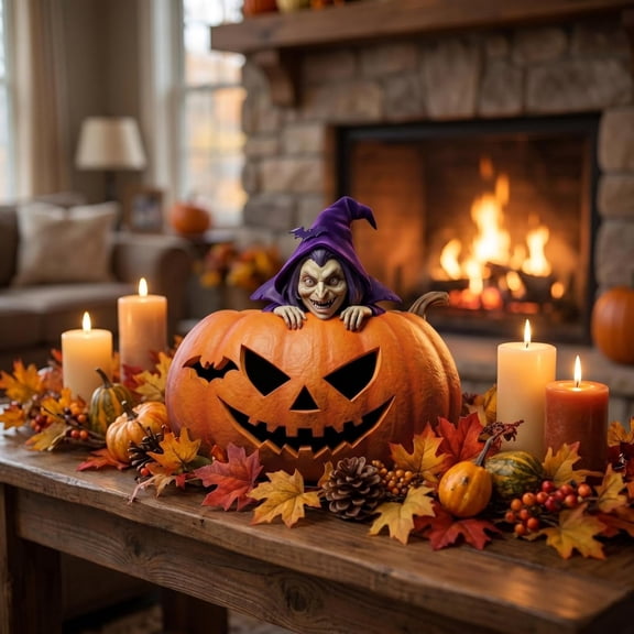 Funny Figurines for Halloween Home Decorations 5'' (Pumpkin with Witch) | Halloween Decor Horror Merch Funny Witch Pumpkin Statues for Desk Office Summerween Home Decor