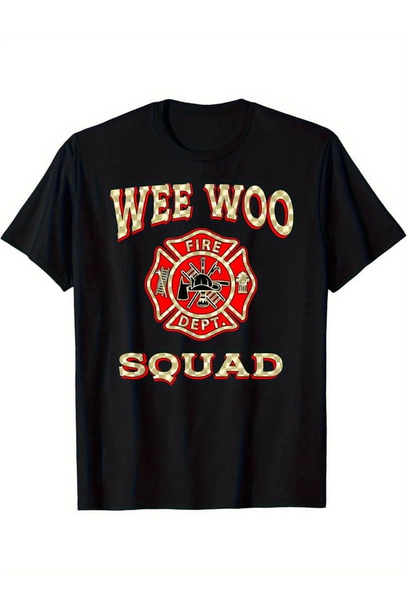 Funny Firefighter T-Shirt | 100% WEE WOO SQUAD Fire Department Pattern with Fire Truck and Axe - Machine Washable Unisex Casual Short Sleeve T-Shirt (S-XXXL) Black Easter Gift, Fire Decoration,