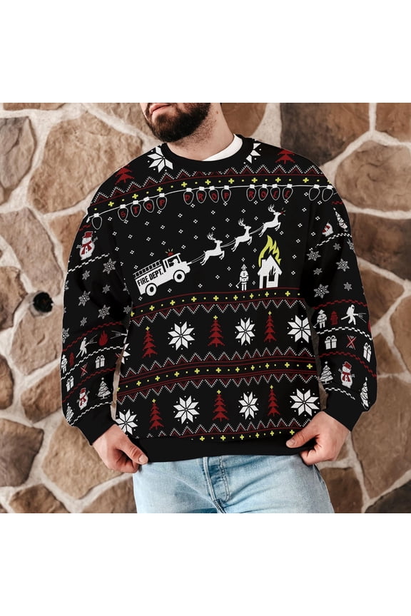 Funny Firefighter Ugly Christmas Sweater for Men, Fire Department Holiday Sweatshirt, Xmas Party Gift for Fireman, Fire Truck Reindeer Knit