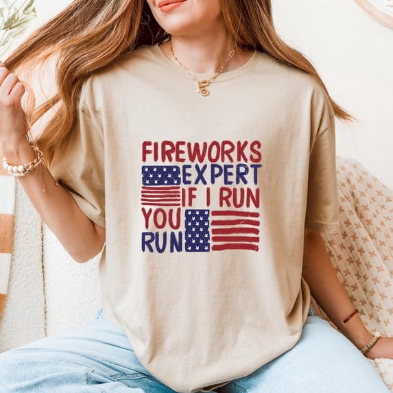 Funny Fireworks Expert Shirt, Patriotic Fourth of July Tee, USA Flag Graphic T-Shirt for Men & Women, Humorous Independence Day Shirt