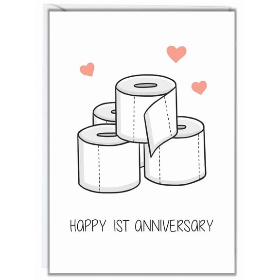 Funny First Anniversary Card "Happy 1st Anniversary" with Toilet Paper Rolls Design Blank Inside Perfect for Couples, Wedding Celebrations, or Humor Lovers