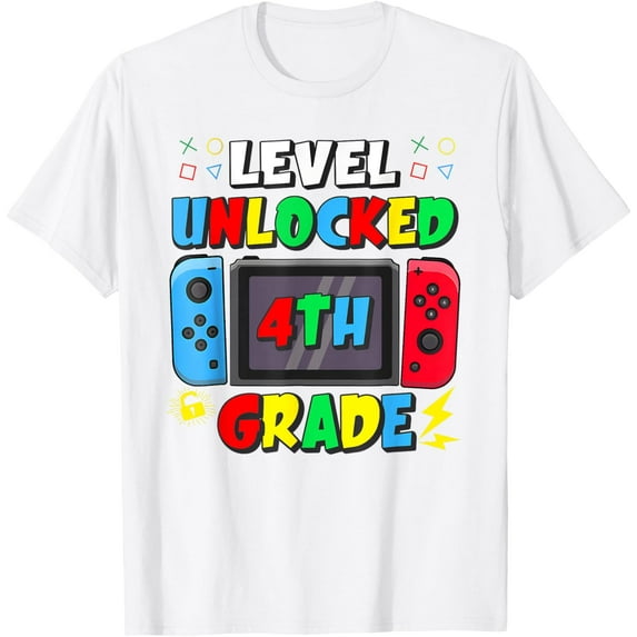 Funny First Day of 4th Grade Level Unlocked Game Design for Back to School Unisex T-Shirt (White, Small)