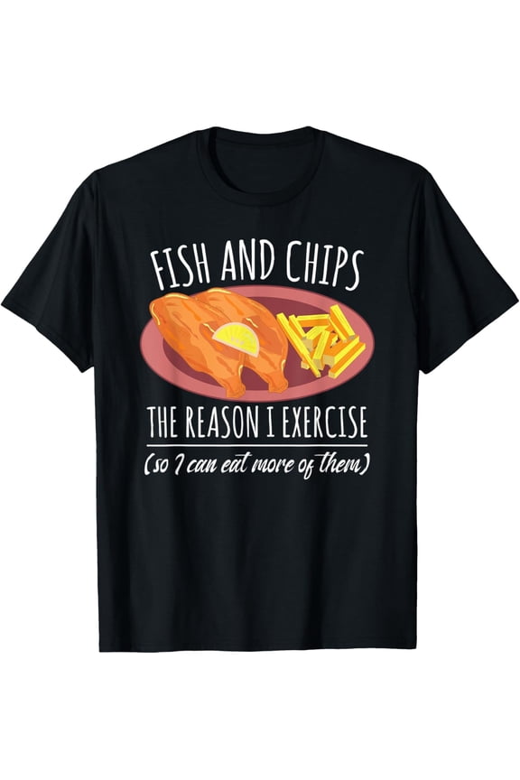 Funny Fish and Chips Graphic Tee Retro Foodie Humor T-Shirt Exercise Quote Apparel for Men and Women