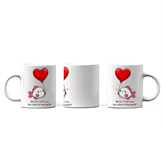 Funny Fisherman Valentine Mug, "You're O-fish-ally The Catch Of My Heart" Pun, Cute Fishing Gift for Boyfriend, Husband, Angler