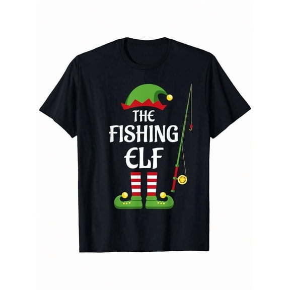 Funny Fishing Elf Graphic T Shirt Black Cotton Short Sleeve Top With Humorous Christmas Design For Holiday Gifts & Casual Wear Multiple Sizes Available
