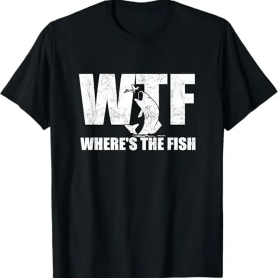 Funny Fishing Graphic Tee for Men, WTF Where's The Fish Print T-Shirt, Perfect Father's Day & Birthday Gift for Anglers
