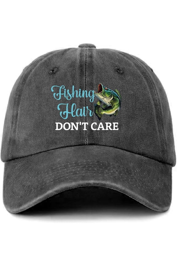 Funny Fishing Hats Fishing Hair Don't Care Printed Cotton Adjustable Baseball Caps