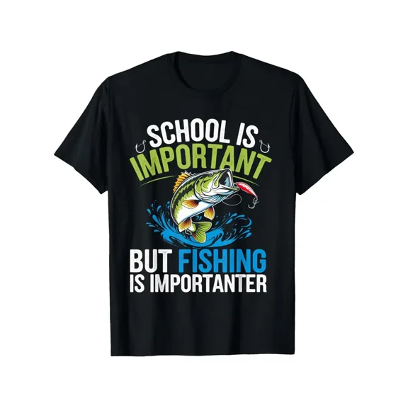 Funny Fishing Humor T-Shirt - School Is Important But Fishing Is Importanter Slogan with Jumping Fish Graphic, Lightweight Short Sleeve Round Neck Casual Tee for Men & Women