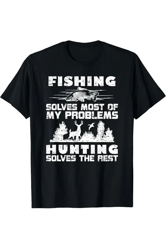 Funny Fishing Hunting Deer Fish Silhouette Gift for Dad Men Outdoorsman Short Sleeve Casual T-Shirt
