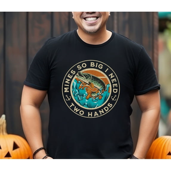 Funny Fishing Men's Shirt, Mines So Big I Need Two Hands Shirt, Fishing Shirt, Gift For Fishermen, Fishing Gift, Dad Birthday Gift (Colors:Heather Red; Sizes:S;)