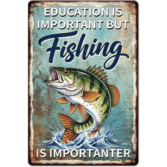 Funny Fishing Metal Tin Sign "Education is Important but Fishing is Importanter" Vintage Painting Tin Signs 12x8inch Retro Wall Art Plaque Poster for Home Office Lake House Fisherman Gifts