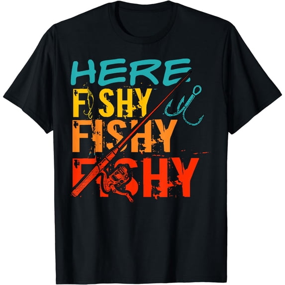 Funny Fishing Shirts Here-Fishy Fisherman Dad Grandpa Retro T-Shirt