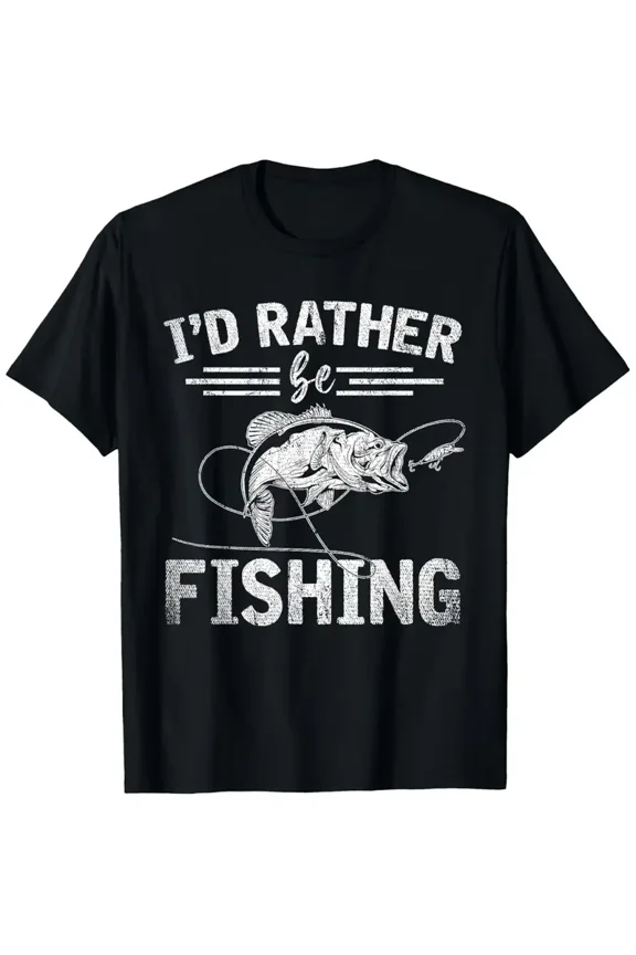 Funny Fishing T-Shirt - "I'd Rather Be Fishing" Graphic Tee with Jumping Fish Design - Lightweight Everyday Shirt for Anglers - Shirt with Text - Ideal Gift for, Fishing