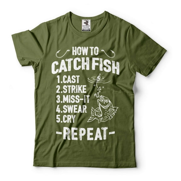 Funny Fishing Tee How To Catch Fish Shirt Fisherman Gifts Father's Day Fishing Tee Fishing Gifts (Large Military Green)