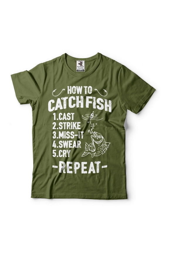 Funny Fishing Tee How To Catch Fish Shirt Fisherman Gifts Father's Day Fishing Tee Fishing Gifts (Large Military Green)