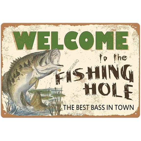 Funny Fishing Tin Signs-Welcome To The Fishing Hole Vintage Metal Fish Painting Art Printing Poster Wall Decor for Home Kitchen Bar Cafe Pub 12x8 Inch Hanging Plaque Novelty Gift