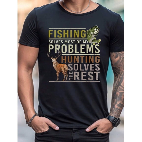 Funny Fishing and Hunting Graphic Men's T-Shirt, Outdoor Bass and Deer Short Sleeve Tee