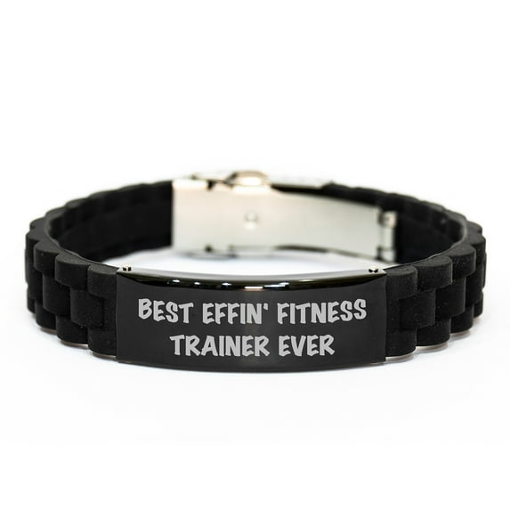 Funny Fitness Trainer Gifts for Men - Best Effin' Fitness Trainer Ever Glide lock Clasp Bracelet, Christmas Unique Gifts from Friends, Adjustable Black Stainless Steel Silicone Bracelet
